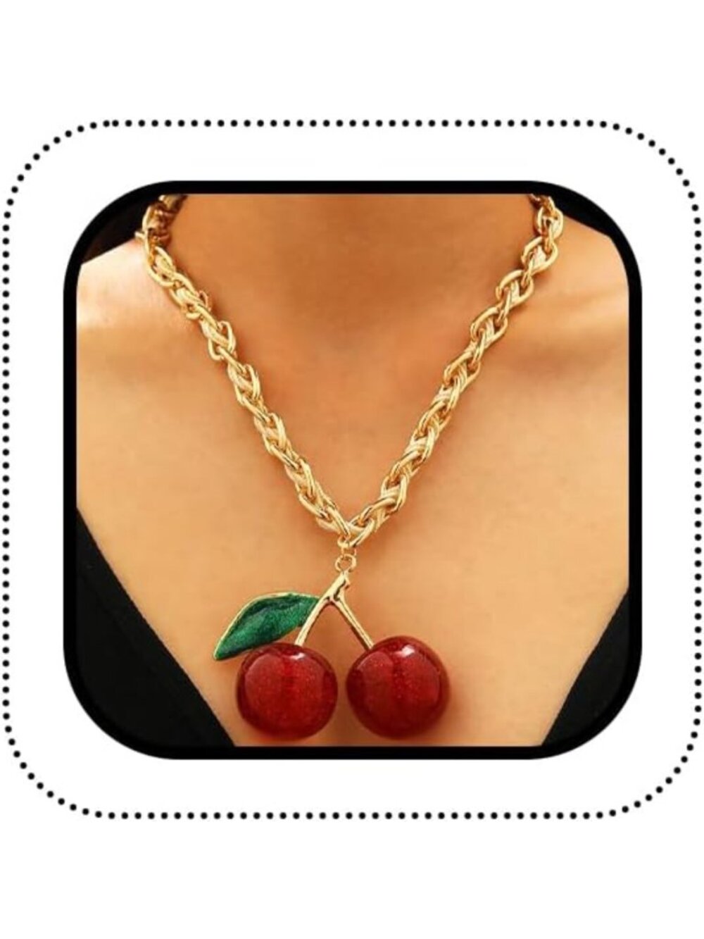 Statement Red Cherry Pendant Necklace for Women - Thick Gold Chain Choker